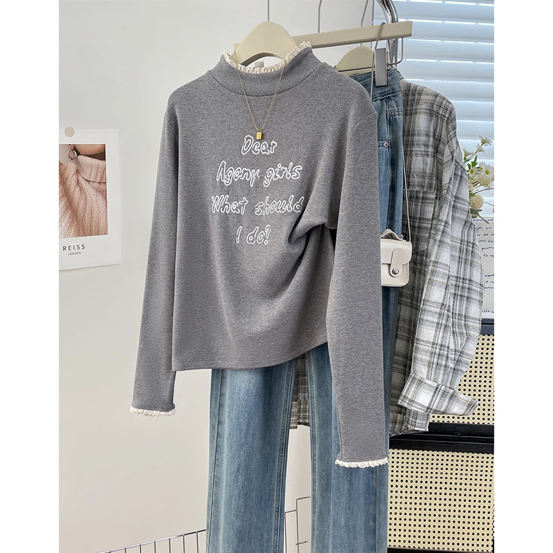 法式设计感蕾丝拼接长袖T恤衫加绒保暖显瘦百搭刺绣女装打底内搭