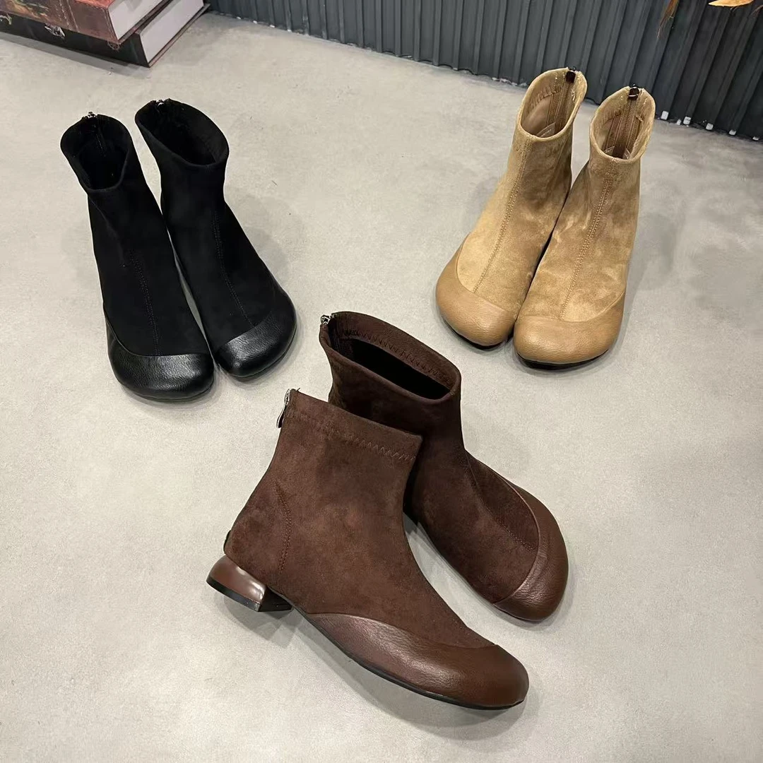 2025年秋冬季新款复古绒面拼皮装饰时尚气质网红爆款休闲女时装靴