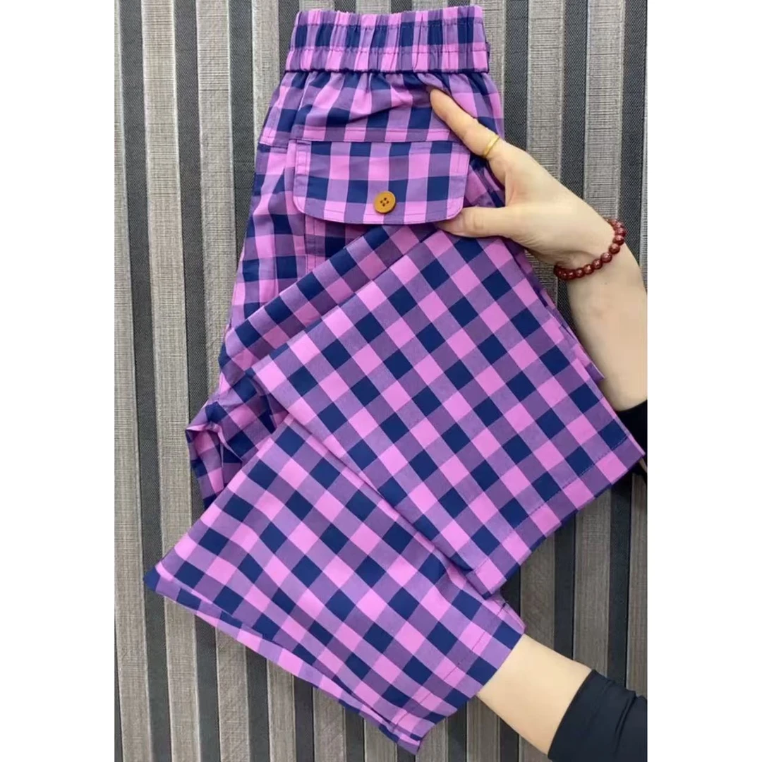 夏季薄款透气百搭格子哈伦裤女款休闲显瘦九分裤高腰宽松萝卜裤女