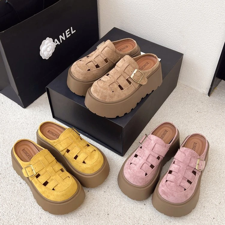 镂空透气包头半拖女外穿2025年新款复古厚底增高一脚蹬懒人勃肯鞋