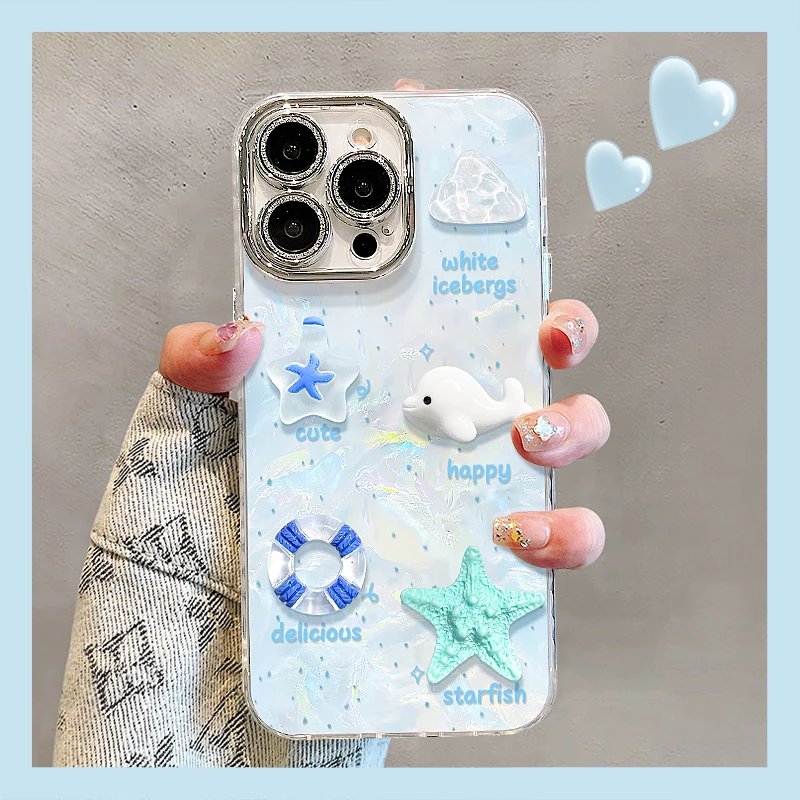 海洋公仔适用苹果15vivo华为oppo小米iPhone16精孔贝壳纹手机壳