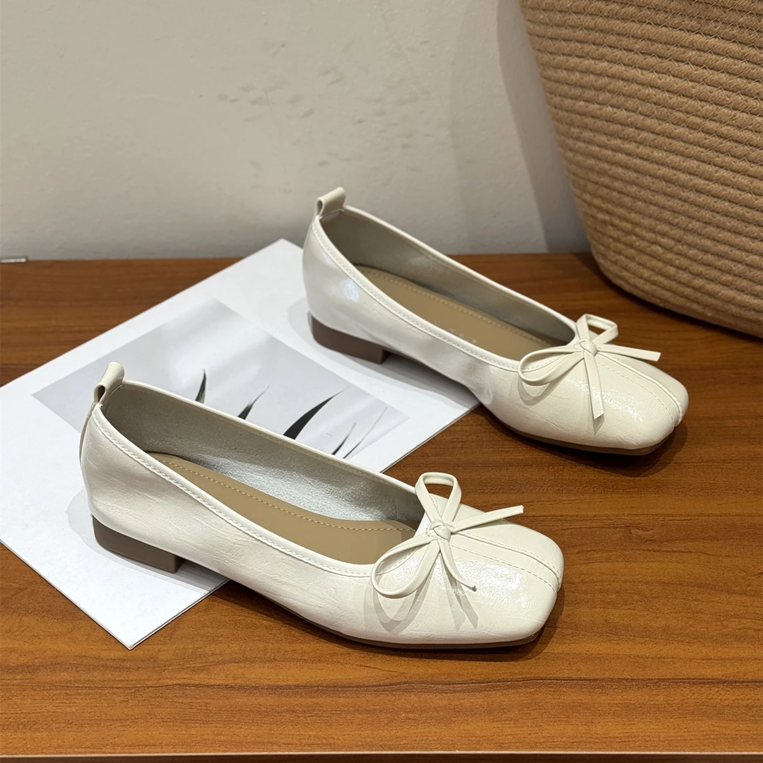 韩版平底甜美蝴蝶结芭蕾单鞋女2026新款春季方头软底一脚蹬奶奶鞋
