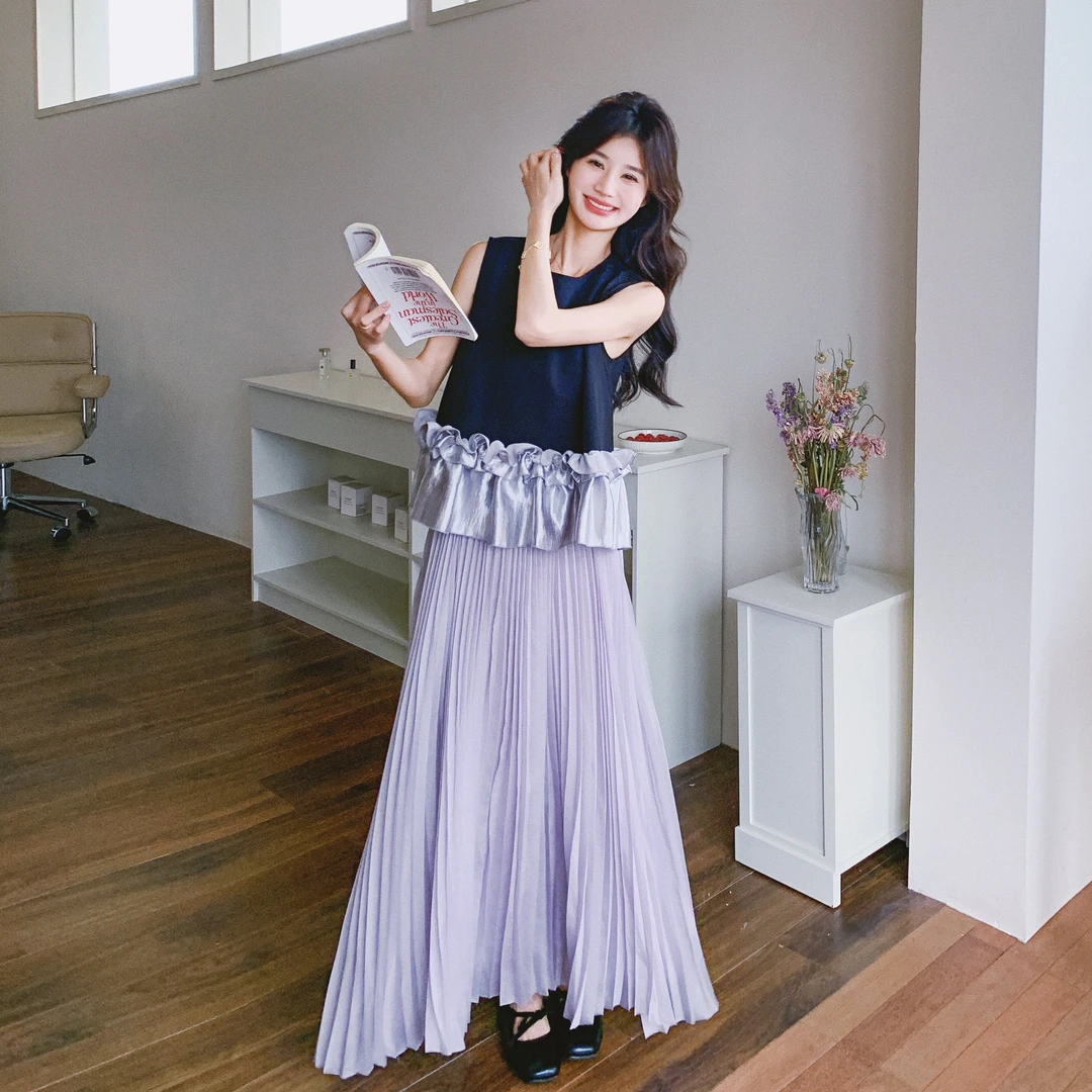 韩系小香风夏日出行套装女2025新款气质减龄无袖上衣半身裙两件套