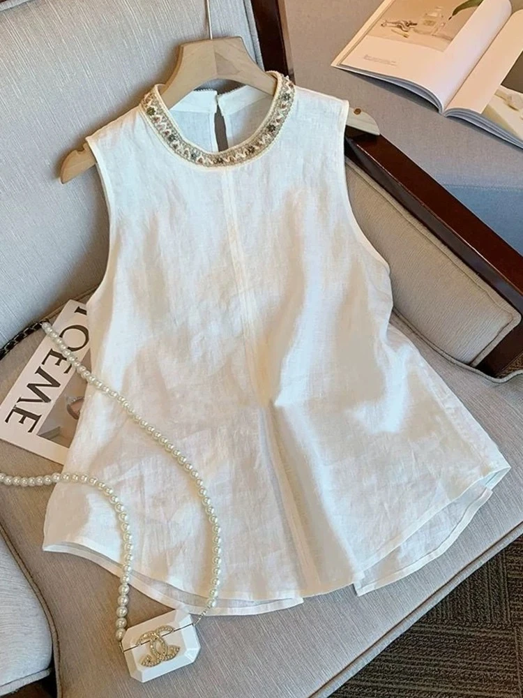 广州十三行高货爆款~高级感后背开叉微褶花边钉珠无袖上衣女