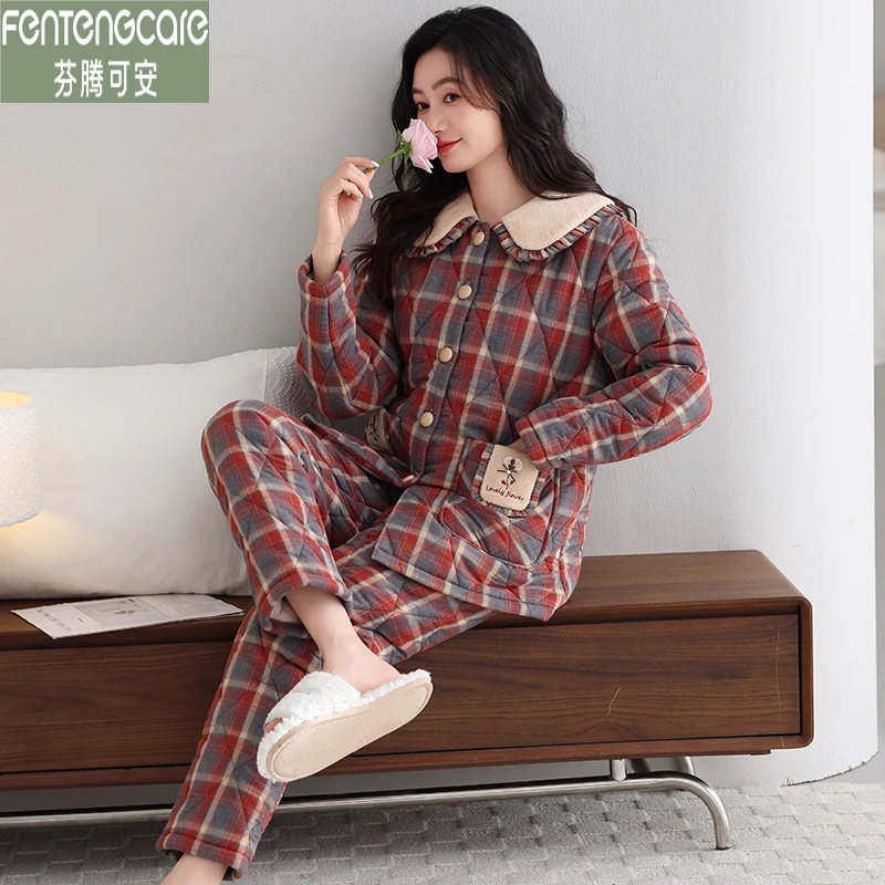 芬腾可安冬季加厚睡衣女款梭织纯棉三层保暖夹棉袄甜美大码家居服