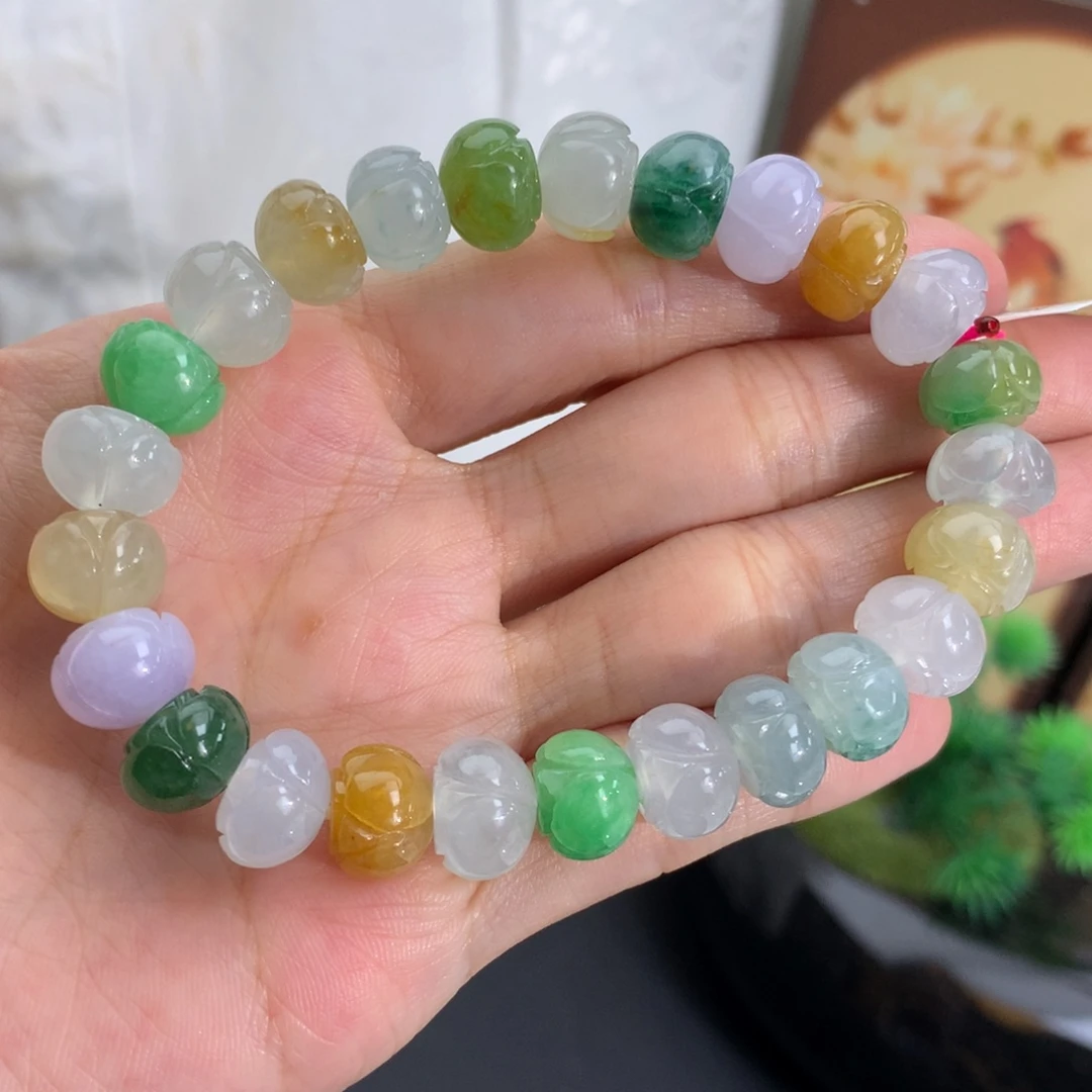 翡翠未镶嵌手串卡10+胶润莲花多宝手串