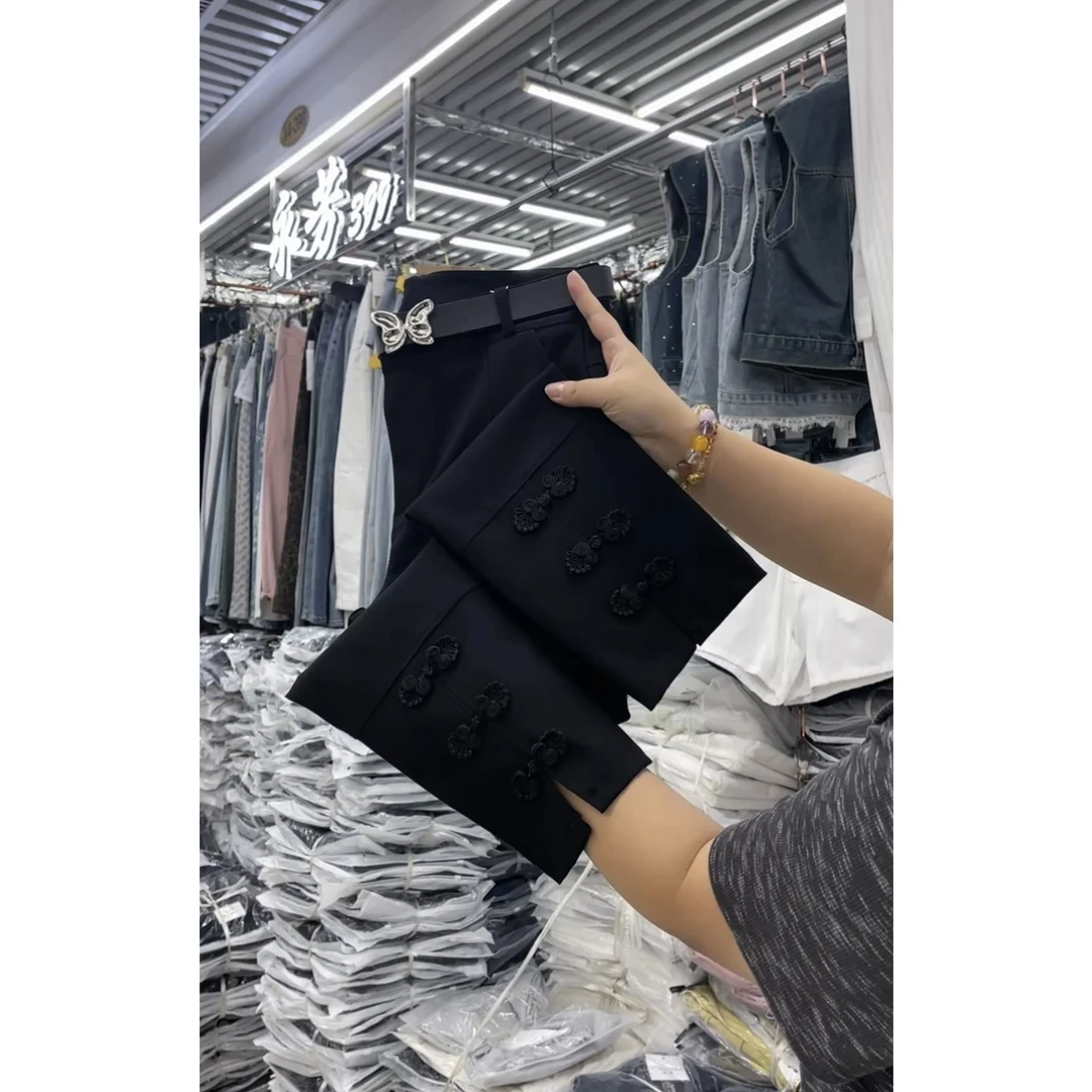 新款民族风盘扣九分烟管裤女25年春秋洋气拼接显高显瘦八分直筒裤