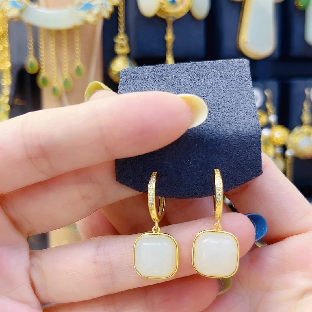 和田玉银S925镀金镶嵌耳饰