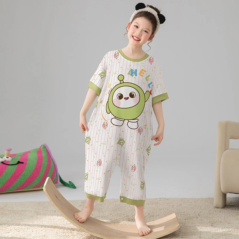 【莫代尔】夏季短袖儿童睡衣女童连体家居服女孩卡通莫代尔连身衣夏