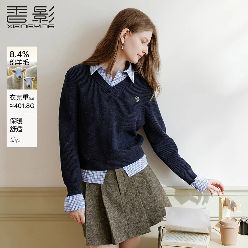 【直播专享】M75A631针织衫 香影miu系学院风假两件藏青针织衫女