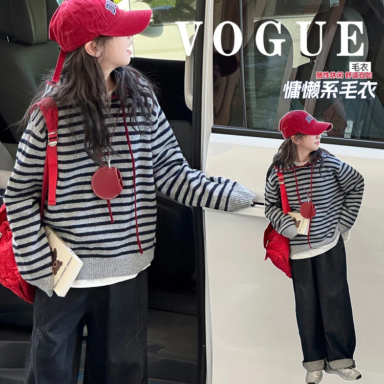 韩版女童时尚连帽毛衣秋款休闲女孩百搭潮流宽松显瘦童装大童1