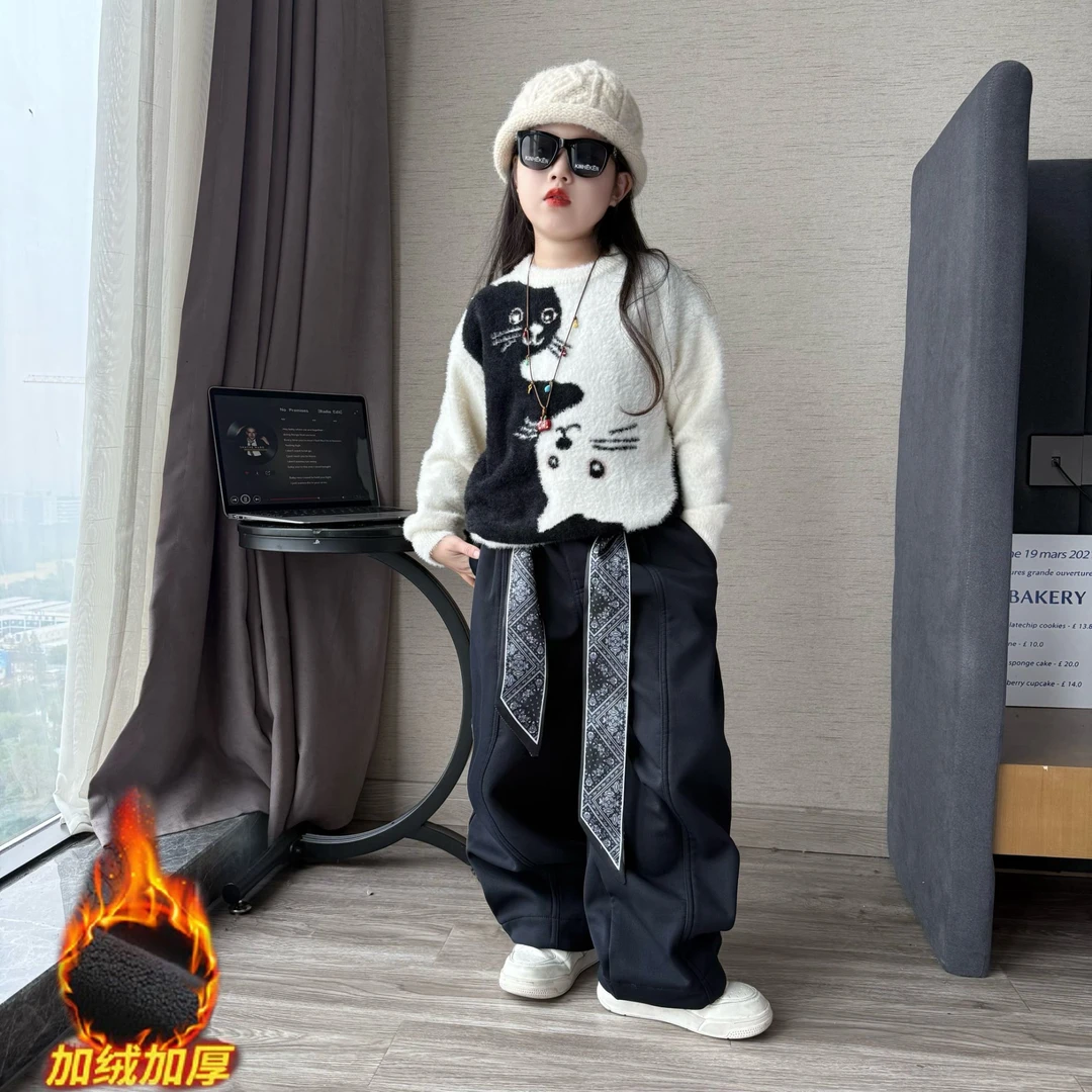 女童秋冬季圆领水貂绒毛衣中大童女孩加绒加厚阔腿裤卫裤