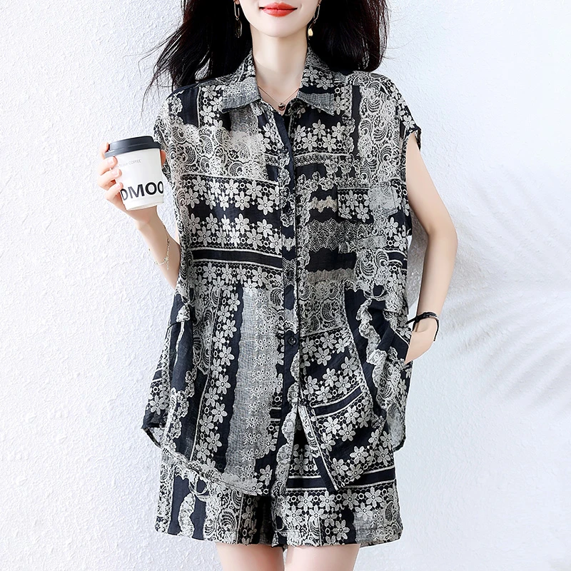 【女神新衣】时尚印花短袖上衣裤子套装女2025新款两件套大码女装