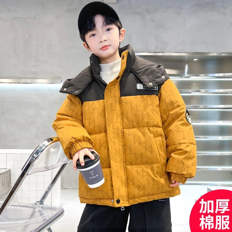 巴拉男童秋冬装加厚棉服外套2024新款冬季男孩中格纹连帽男童棉服