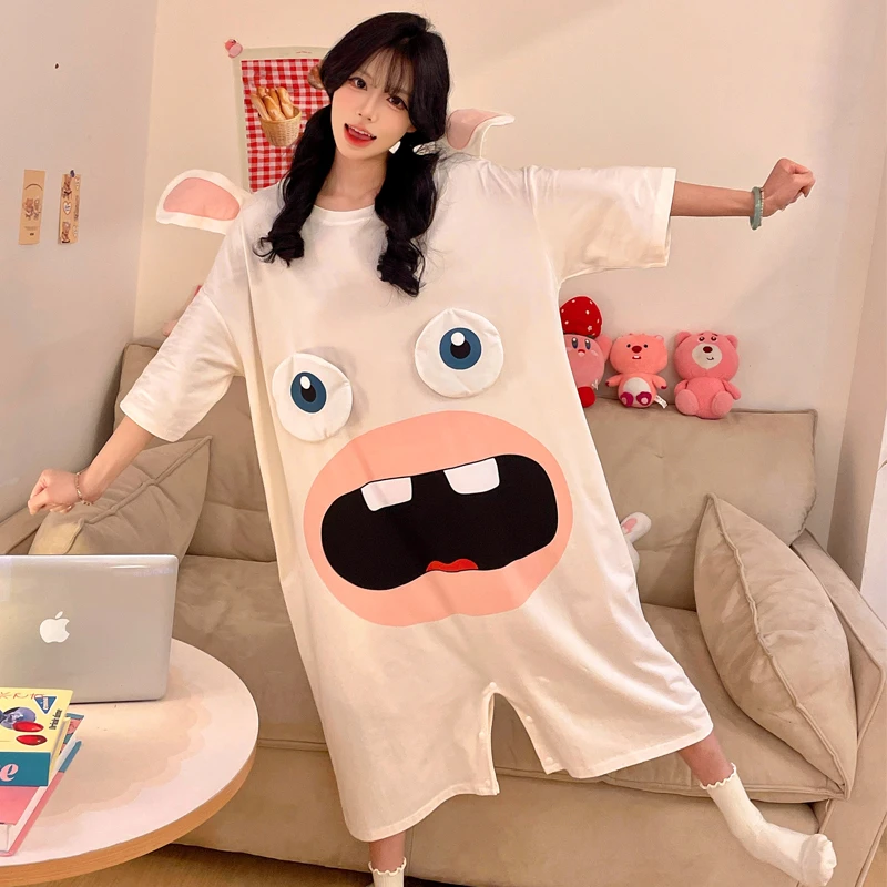 疯狂的兔子连体睡衣女士夏季新款短袖卡通搞怪大码宽松睡裙家居服