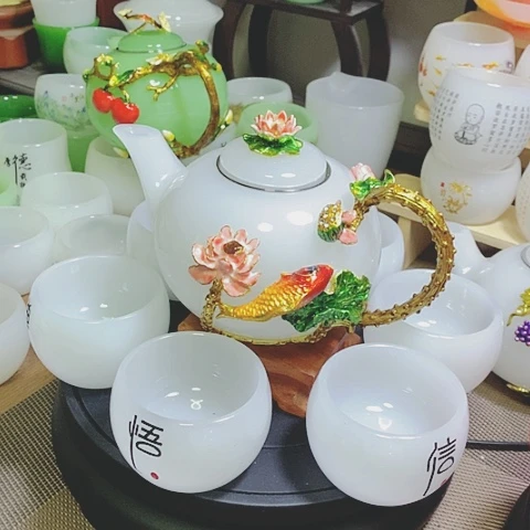 羊脂玉瓷琉璃中式珐琅彩年年有余一壶六杯礼盒套装