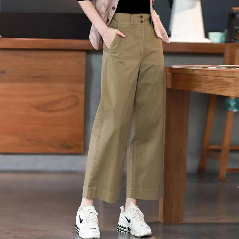 高腰阔腿裤女装2025夏季新款宽松垂感休闲棉卡其色九分直筒裤子