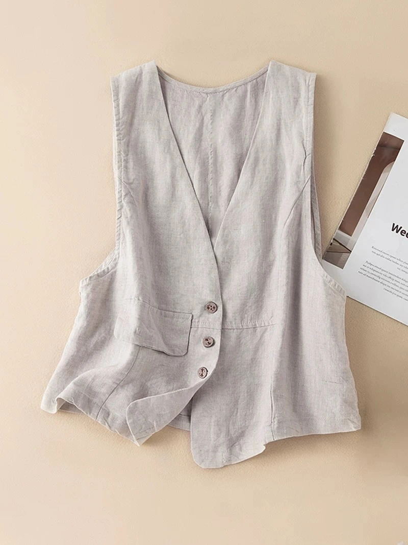 阅初  无袖马甲秋季纯色女士马甲法式亚麻马甲百搭上衣短款薄款