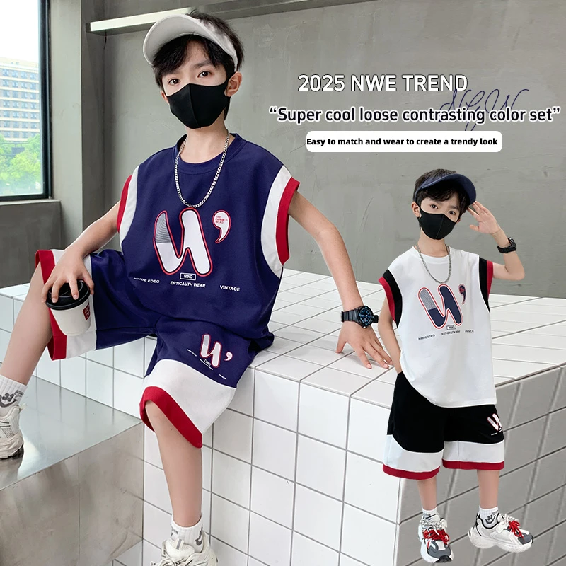 【短袖+短裤两件套】男童夏款T恤套装2025新款儿童装夏季中大童孩子
