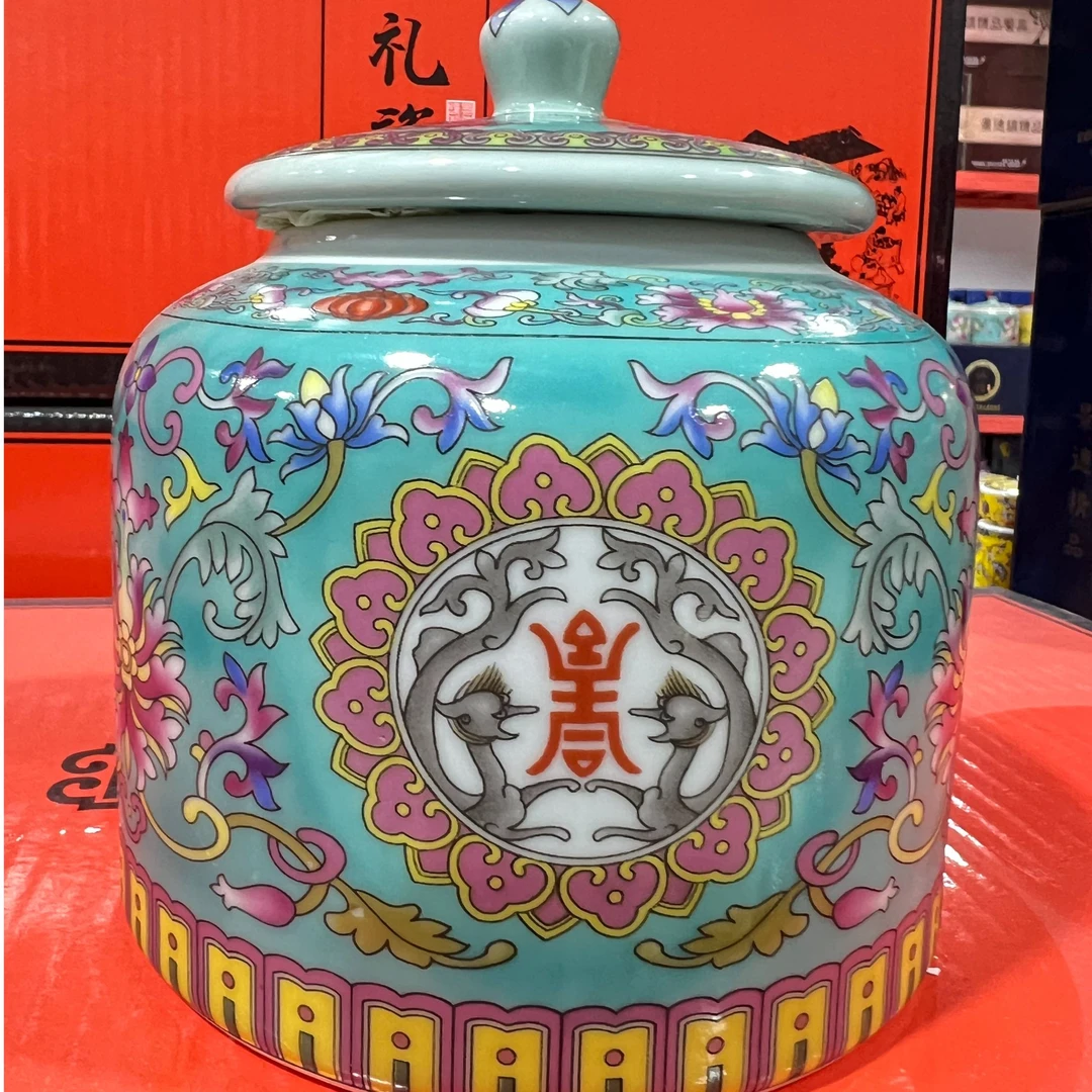 【张氏御瓷】湖蓝色万寿无疆茶叶罐