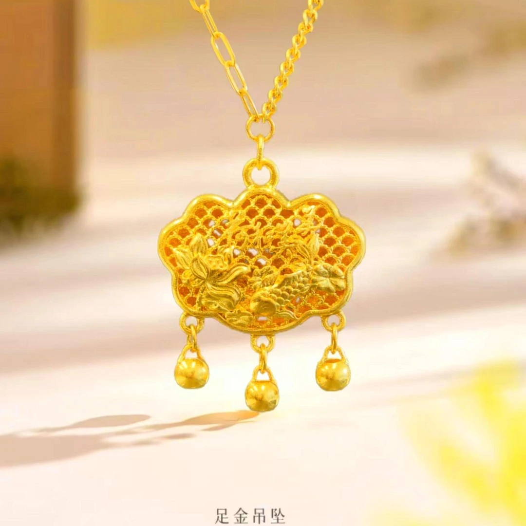 【贞爱福】 黄金足金好运连连锦鲤锁包项链套链平安铃铛锁包精美