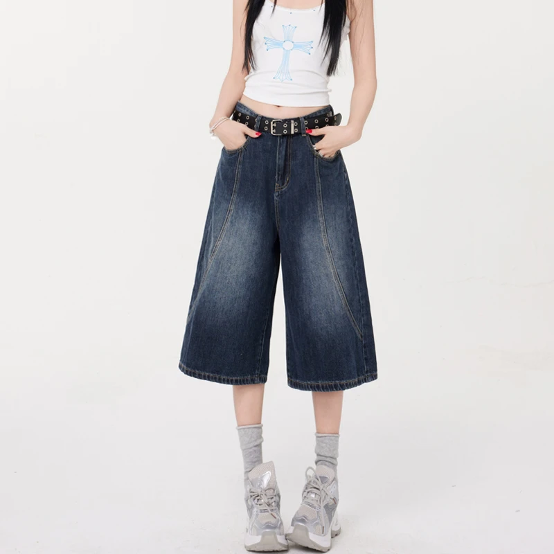 MJB 2025春季新款美式复古宽松廓形七分牛仔裤高腰百搭直筒阔腿裤