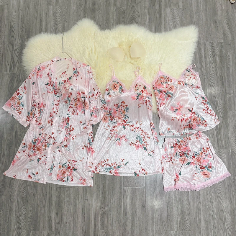夏季网红性感蕾丝吊带短裤睡裙睡袍四件套冰丝睡衣女带胸垫家居服