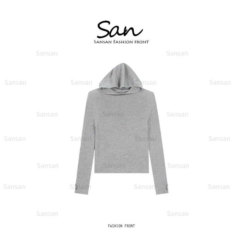 【SANSAN】早秋气质连帽长袖休闲打底百搭上衣DY-60122