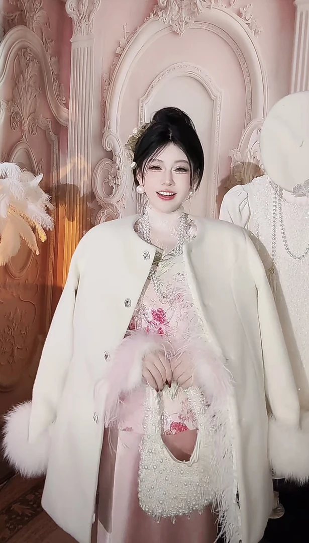 【崔】W0070毛呢外套羽毛气质显瘦时尚百搭中长款大衣秋冬韩版休闲