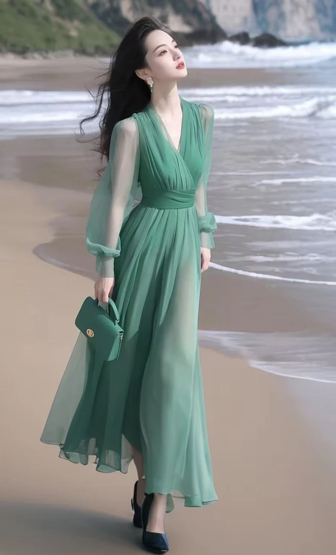 SS700多巴胺绝美长裙女法式独特漂亮高级感绿色雪纺连衣裙