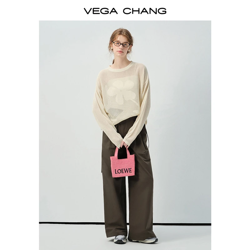 VEGA CHANG时尚套装2025款秋季肌理感镂空针织衫阔腿套装0315JJ