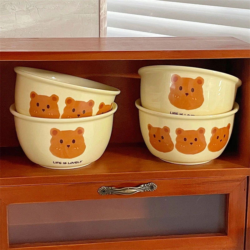 可爱萌萌熊陶瓷碗勺儿童餐具奶油卡通米饭碗家用斗笠碗沙拉碗