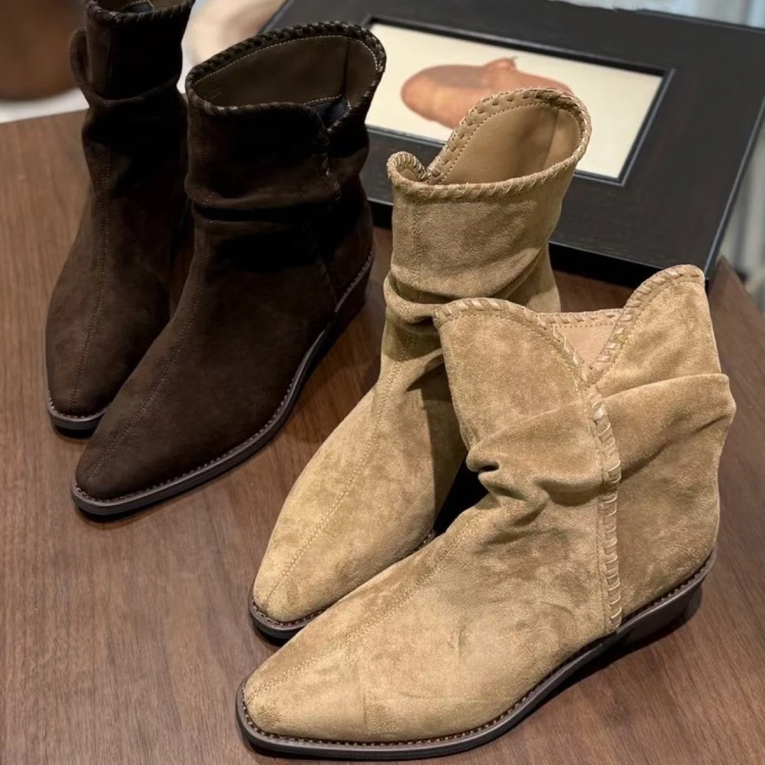 尖头粗跟西部牛仔短靴女2025秋新款绒面编织中筒堆堆靴马丁靴118