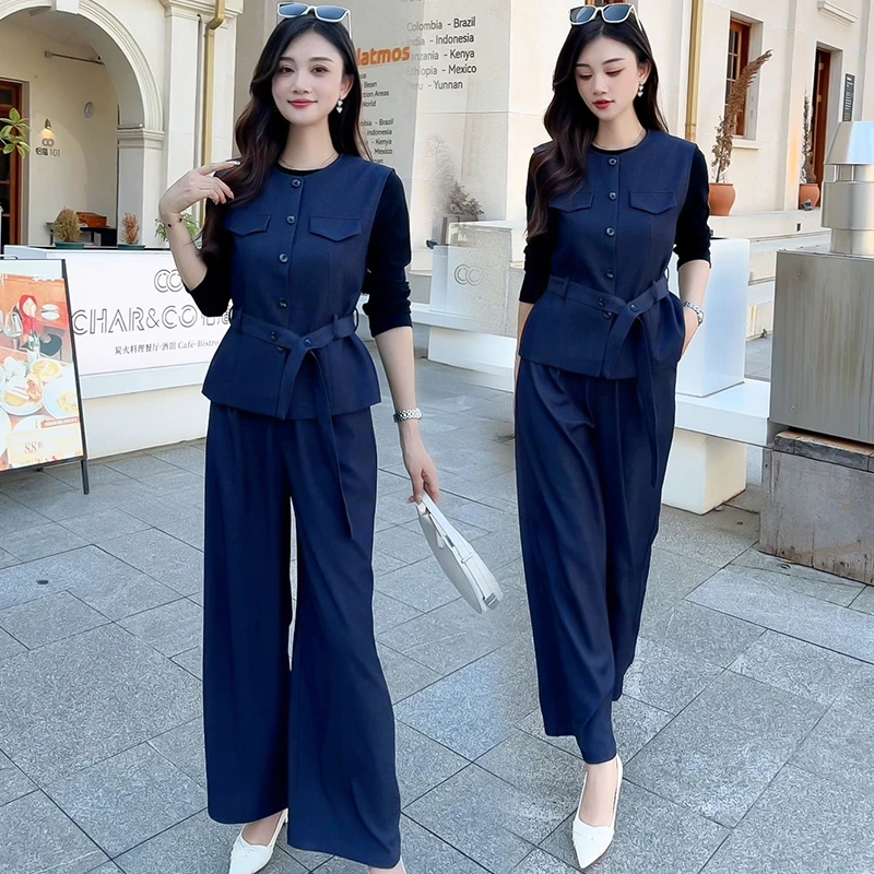 春秋时尚阔腿裤三件套装小众高级感女装显瘦高档休闲洋气裤套装