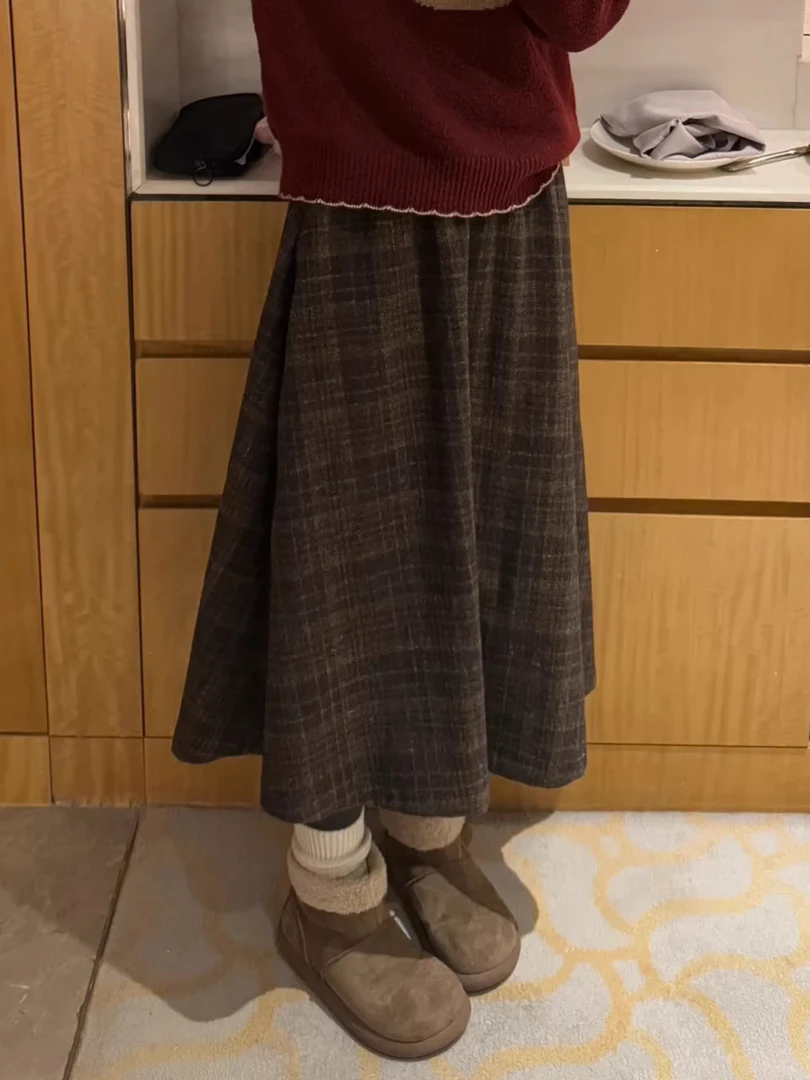 复古毛呢格子半身裙秋冬大码胖mm显瘦棕色a字长裙梨形伯克利裙子
