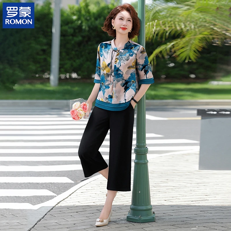 罗蒙洋气妈妈夏装新款两件套中年花色仿真丝小衫中老年女休闲套装