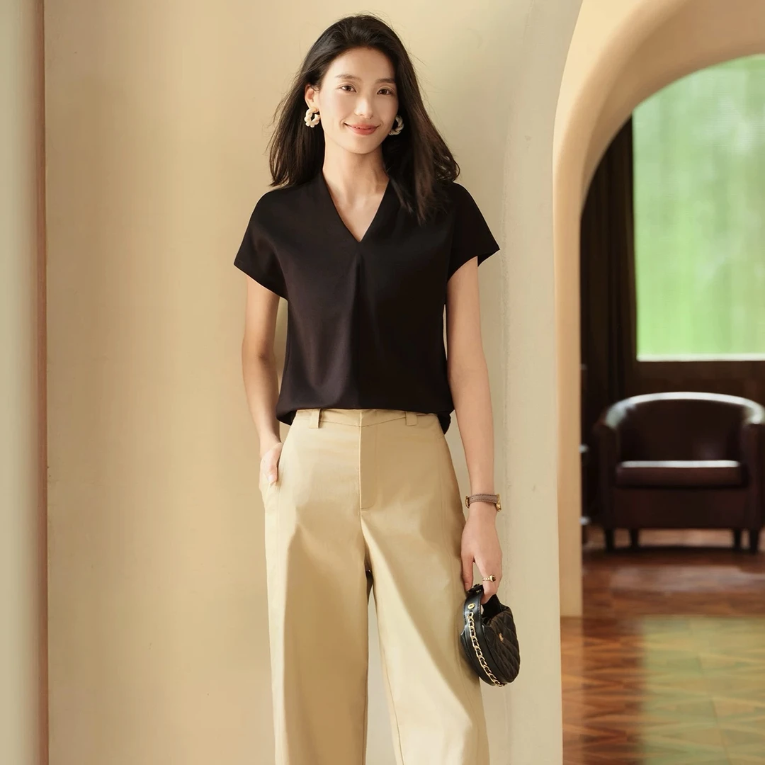 深圳南油（V领T恤）醋酸斜裁显瘦V领春夏短袖T恤