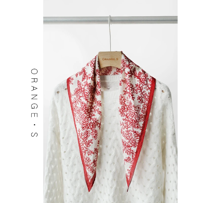 丝棉！【沙丘之上·菱形巾】红白配色桑蚕丝有机棉丝巾女41*102cm