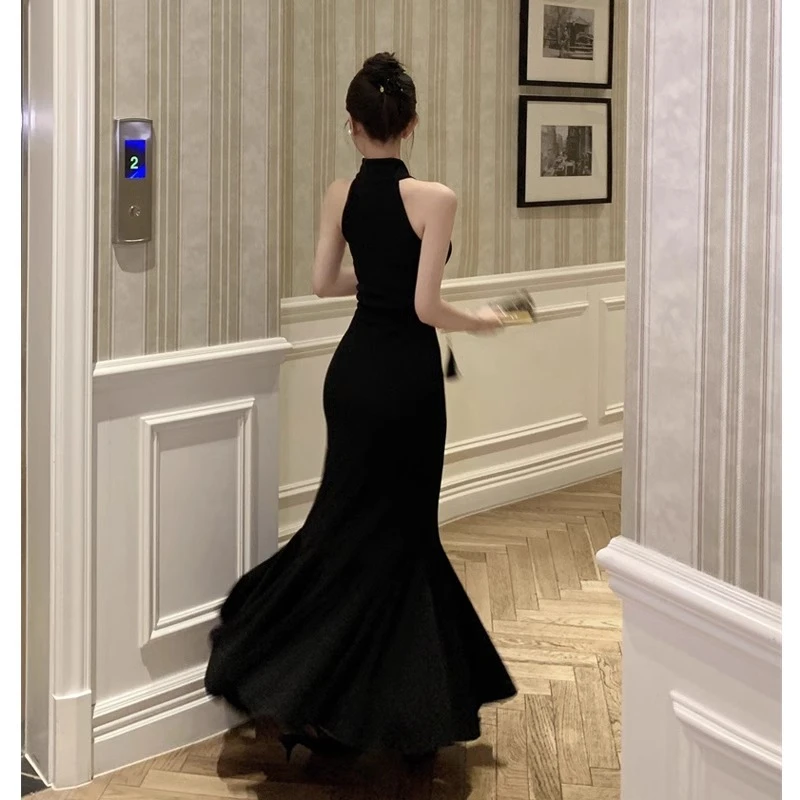 夏季新中式国风高级性感晚礼服鱼尾包臀长裙黑色改良旗袍连衣裙女