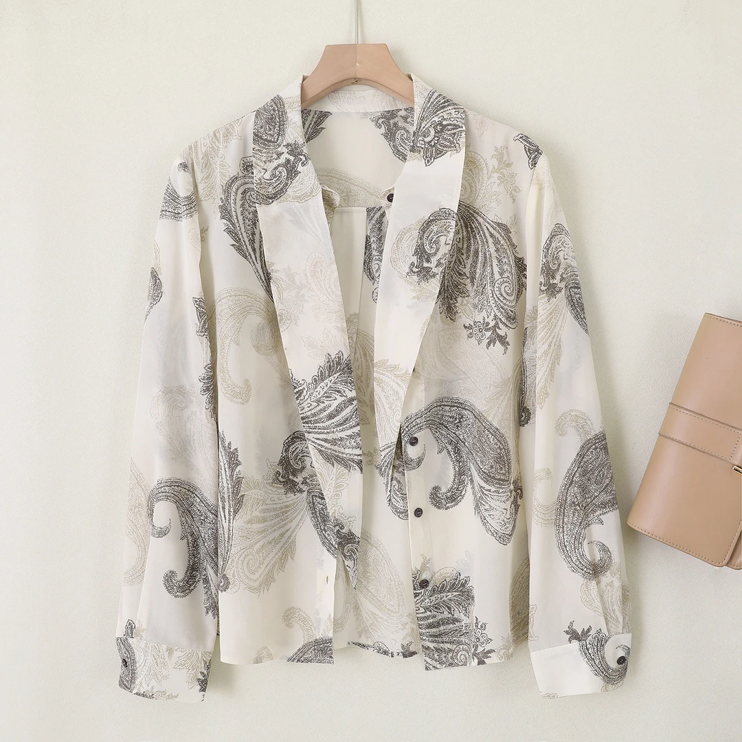 复古印花系带真丝衬衫女长袖宽松设计感气质桑蚕丝小衫C11052