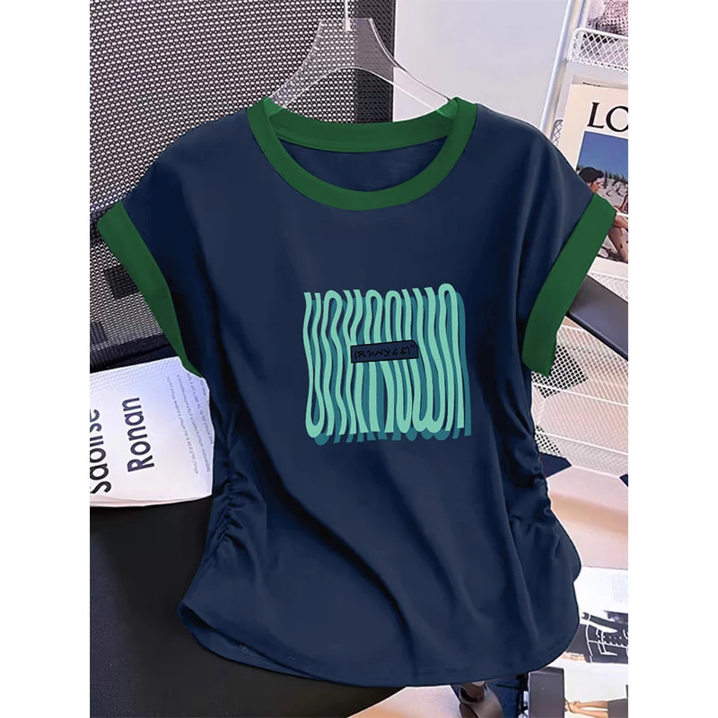 2025新款小飞袖拼色圆领T恤短袖女收腰褶皱上衣修身显瘦春夏季潮