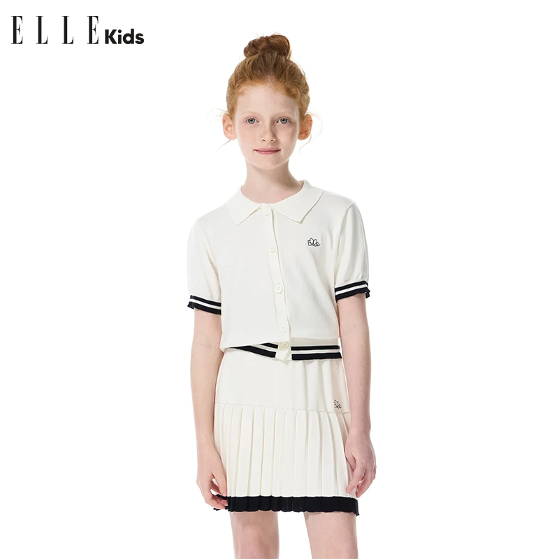 0079 ELLE KIDS夏季时尚小香风翻领短袖女童学院风白色针织衫zs3