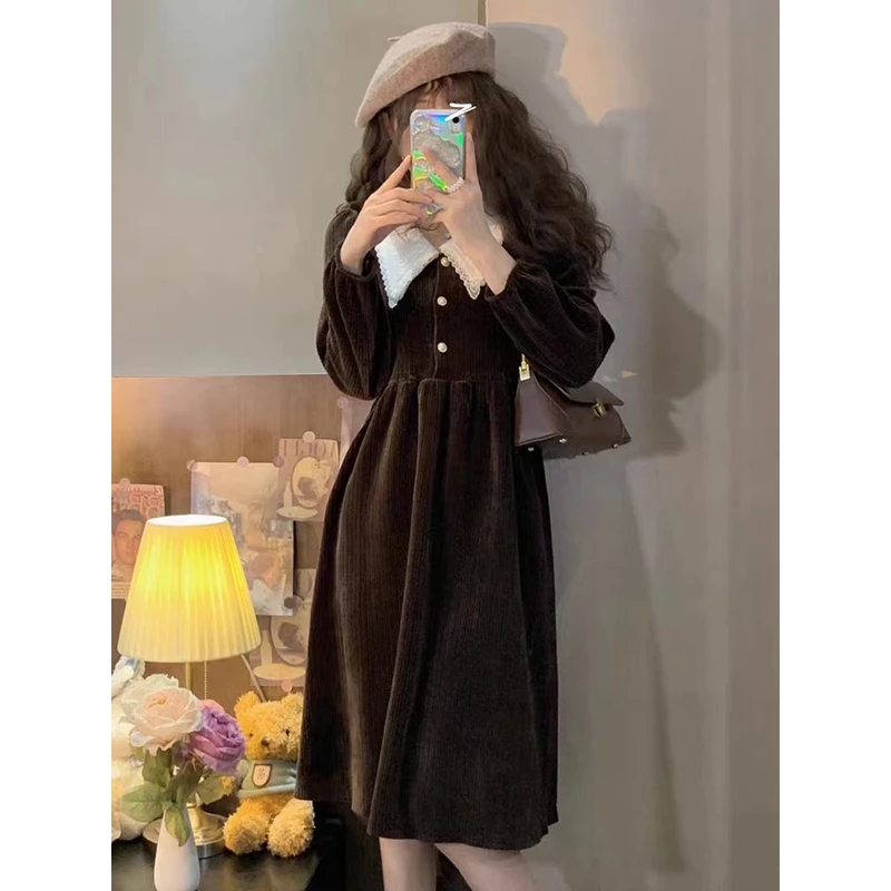 （领子瑕疵）灯芯绒气质法式娃娃领中长裙