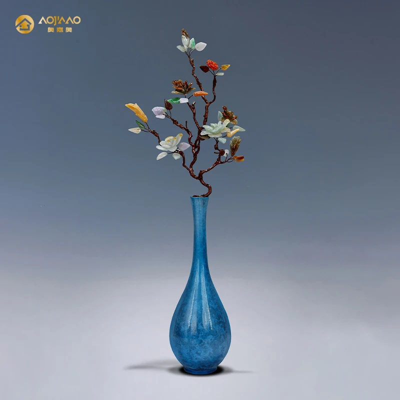 新中式黄铜花瓶摆件高端翡翠兰花装饰品客厅玄关乔迁开业新居贺礼
