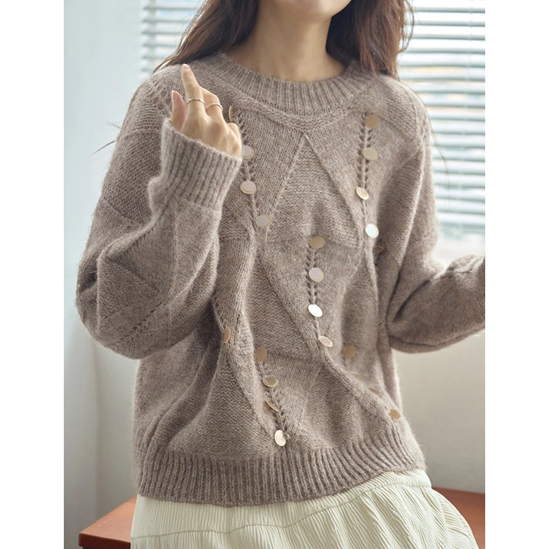 原水重工亮片上衣套头毛衣女秋冬季设计感慵懒风软糯针织衫W43052