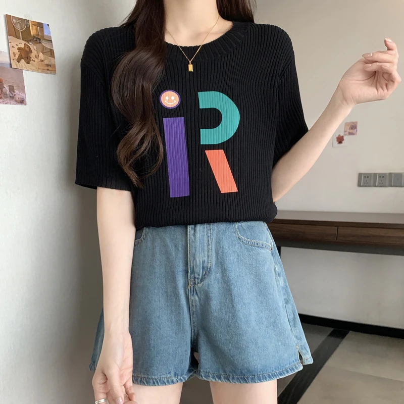 2407 大码女装夏季新款胖妹妹200斤印花宽松针织上衣胖mm半袖T恤