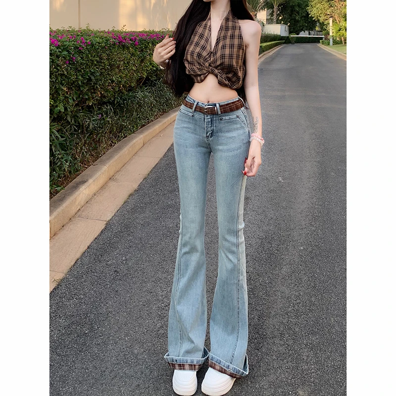 格纹裤脚微喇牛仔裤女2025年冬季新款别致高腰修身弹力显瘦拖地裤