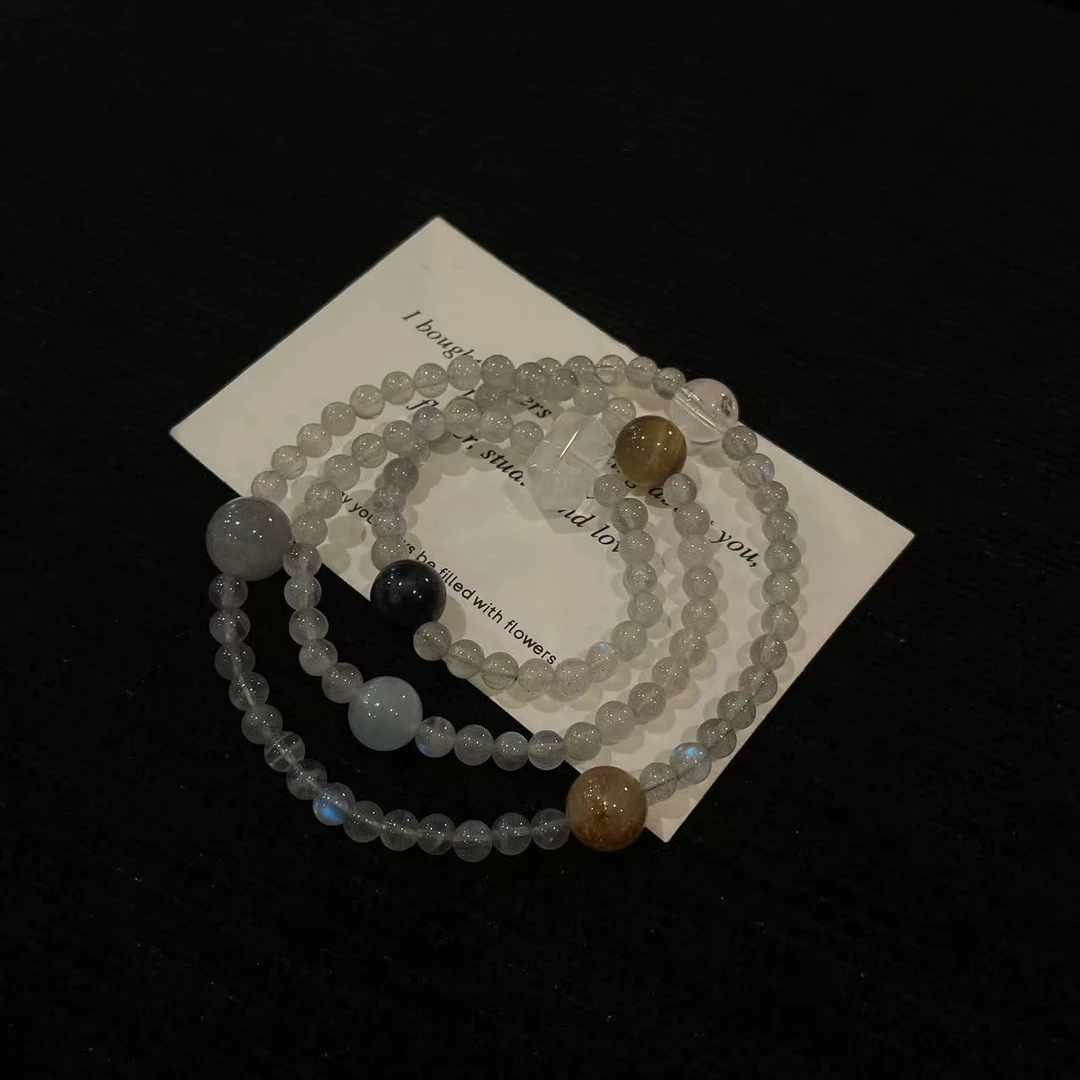 YIMI 天然水晶5-12mm灰月光三圈多宝手链x2484 多样性发货