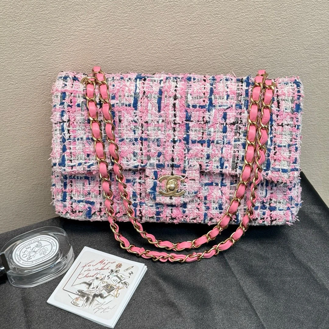 95新 Chanel/香奈儿 粉蓝多色 金扣 棉拼软泥 cf中号/656060948