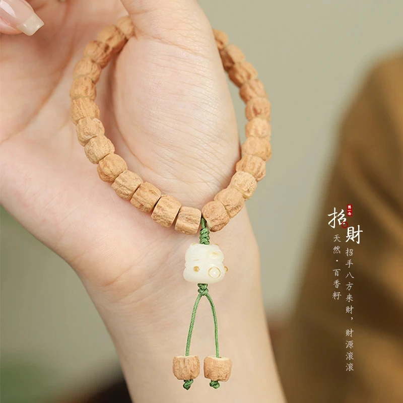 天然热振百香籽单圈手串萌趣可爱猫爪招财猫国风醒狮文玩穗子手串